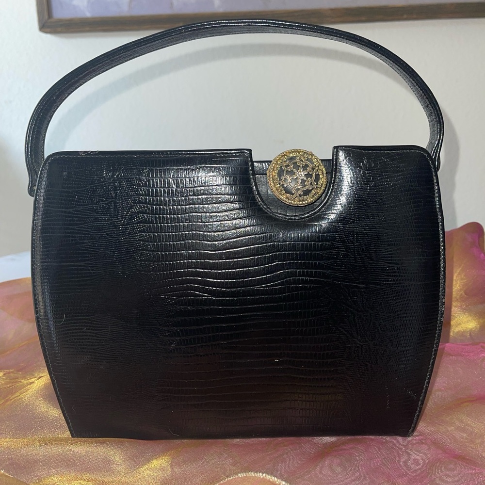 Vintage Original by Caprice Black Reptile Embossed Handbag Purse Brooch Clasp
